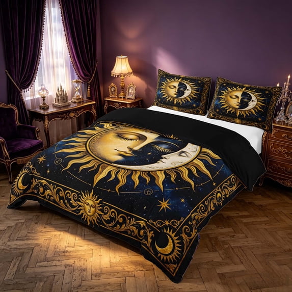 Homewish Gold Sun and Moon Bedding, Universe Glitter Stars Duvet Cover Full, Black Reversible 3pcs, 1 Duvet Cover and 2 Pillowcases