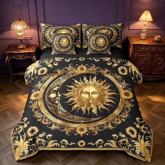 Homewish Gold Sun and Moon Full Size Bedding Sets, Bohemian Damask Full Size Bed in a Bag, Black, Black Reversible 7-Piece