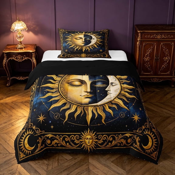 Homewish Gold Sun and Moon Twin Comforter Sets, Universe Glitter Stars Bedding Set, Black Reversible 2 Pieces, 1 Comforter and 1 Pillowcase