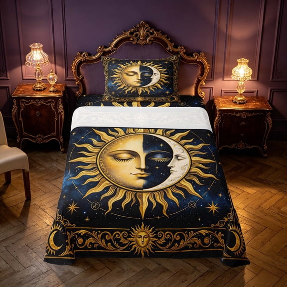 Homewish Gold Sun and Moon Twin Sheets, Universe Glitter Stars Bedding, 3 Pieces, 1 Flat Sheet, 1 Fitted Sheet and 1 Pillowcase