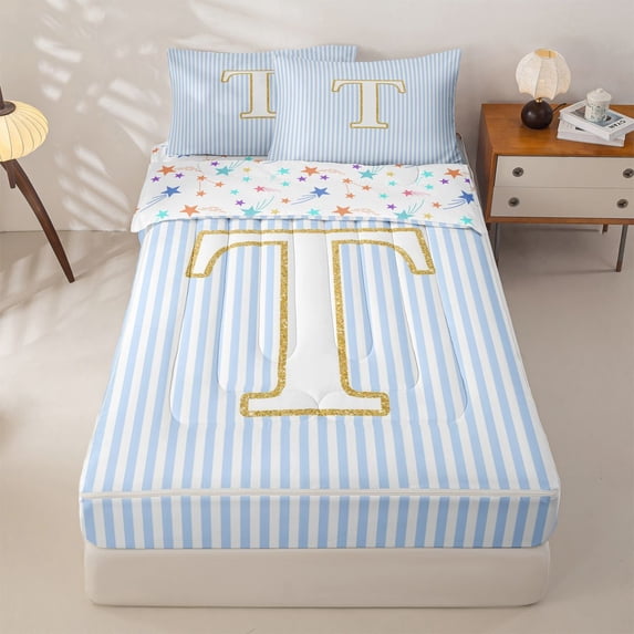 Homewish Gold T Letter Zipper Twin Comforter Sets with Fitted Sheet and 2 Pillowcases for Girl, Abstract Lines Zipper Bedding Set, Stars Reversible, 4-Piece