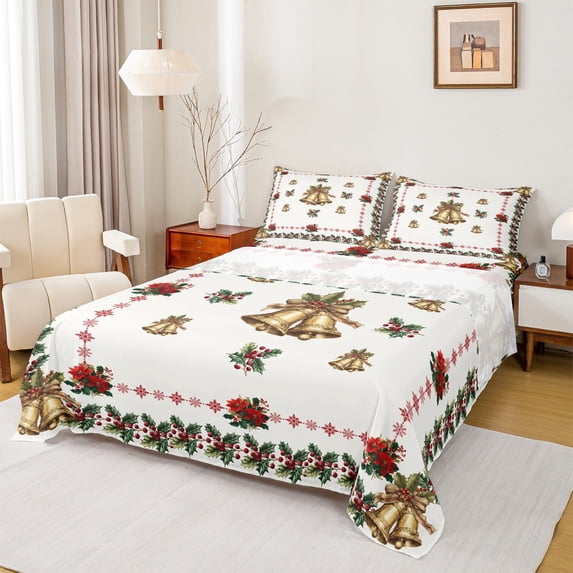 Homewish Golden Bell 3pcs Twin Sheet Sets for Teens Boys Girls,Merry Christmas Twin Fitted Sheet,Xmas Chic Flower Breathable Flat Sheet,Super Cozy Room Decor