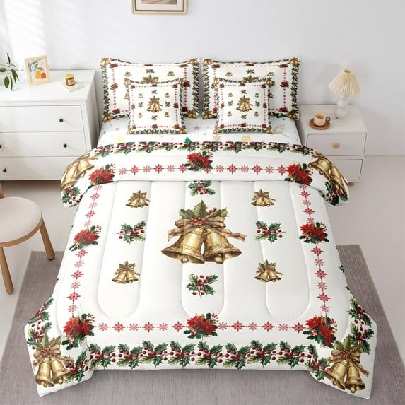 Homewish Golden Bell 7-Piece Bedding Comforter Set for Teens Boys Girls,Merry Christmas King Bedding Sets,Xmas Chic Flower Ultra Soft Bed Sheets,Super Cozy Room Decor,Reversible