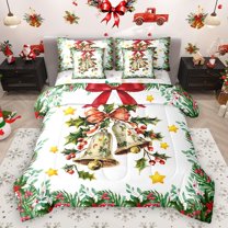 Homewish Golden Bell 7-Piece Twin Bedding Sets,Red Bow Knot Bedding Comforter Set,Xmas Tree Leaves Breathable Sheet Sets,Breathable Home Decor,Reversible