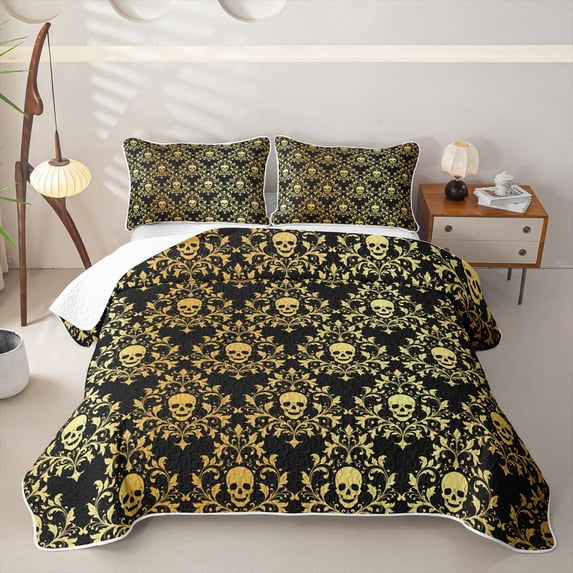 Homewish Golden Black Skull Damask Bed Spread Queen,Gothic Halloween Queen Coverlet Set,3pcs