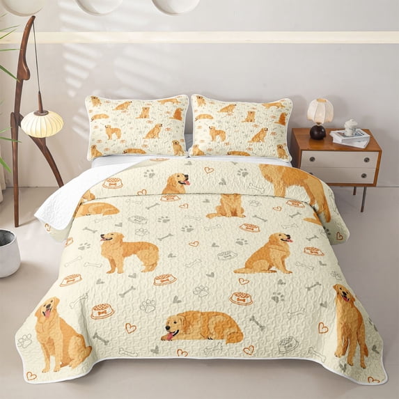 Homewish Golden Retriever Animal Twin Quilt Set,Dog Paws Bone Twin Coverlet Set,Yellow,2 Pieces