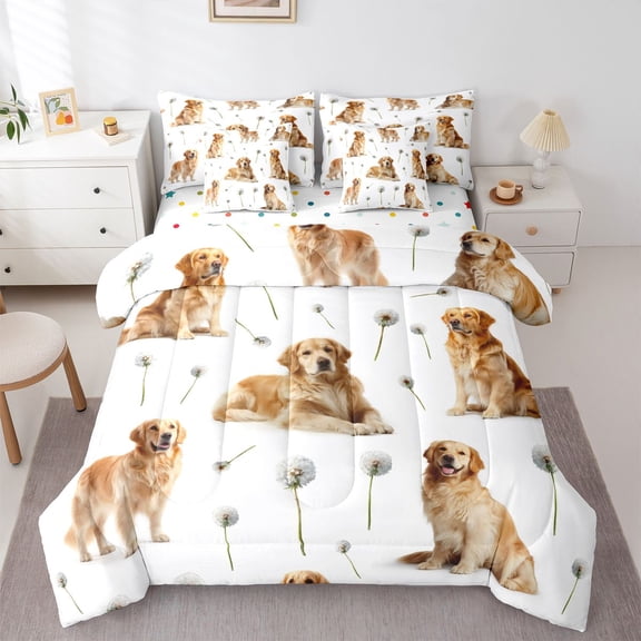 Homewish Golden Retriever Dog 7-Piece Twin Bedding,Cartoon Animal Bedding Comforter Set,White,Dandelion Flower Decor,Polkadot Reversible