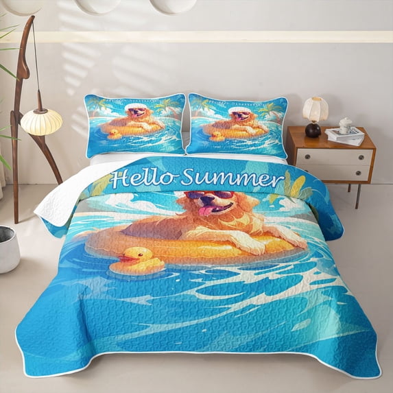 Homewish Golden Retriever Dog Bed Spread Queen,Cute Duck Queen Coverlet Set,Hello Summer Print Decor,3 Pieces