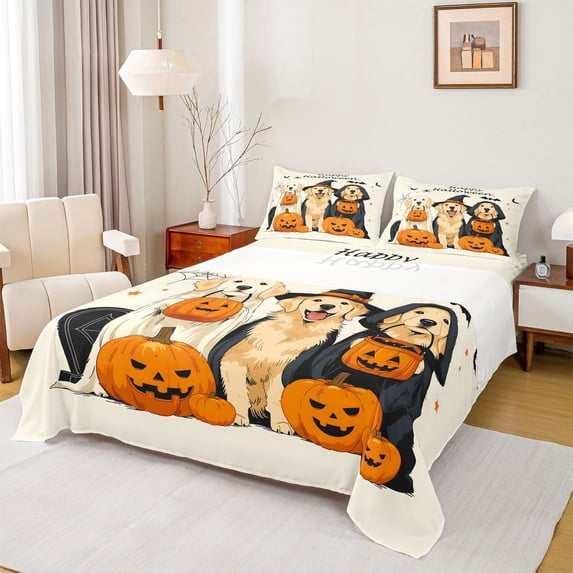 Homewish Golden Retriever Dog Queen Sheets,Happy Halloween Print Queen Sheet Sets,Cream,Pumpkins Decor,4pcs,1 Flat Sheet, 1 Fitted Sheet and 2 Pillowcases