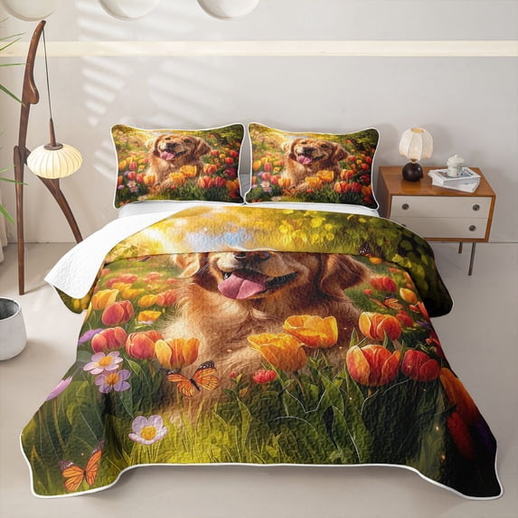 Homewish Golden Retriever Dog Twin Quilt Set,Tulip Flower Twin Coverlet Set,2-Piece