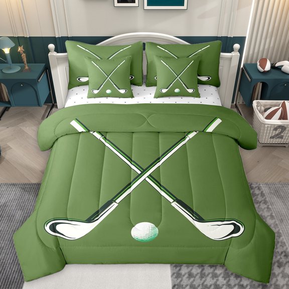 Homewish Golf Ball Game 7-Piece Bedding Comforter Set,Ball Lovers King Bedding Sets,White Green Bed Sheets For Boys Kids,Super Cozy Room Decor