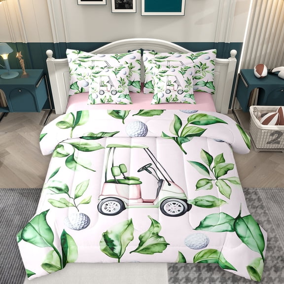 Homewish Golf Ball Game 7 Pieces Bedding Comforter Set,Sport Theme Full Bedding Set,Green White Fitted Sheet Flat Sheet For Boys Kids,Breathable Home Decor Reversible