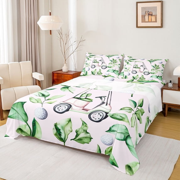 Homewish Golf Ball Game Queen Sheet Sets,Sport Theme Flat Sheet,Green White Queen Fitted Sheet For Boys Kids,Breathable Home Decor,4 Pieces