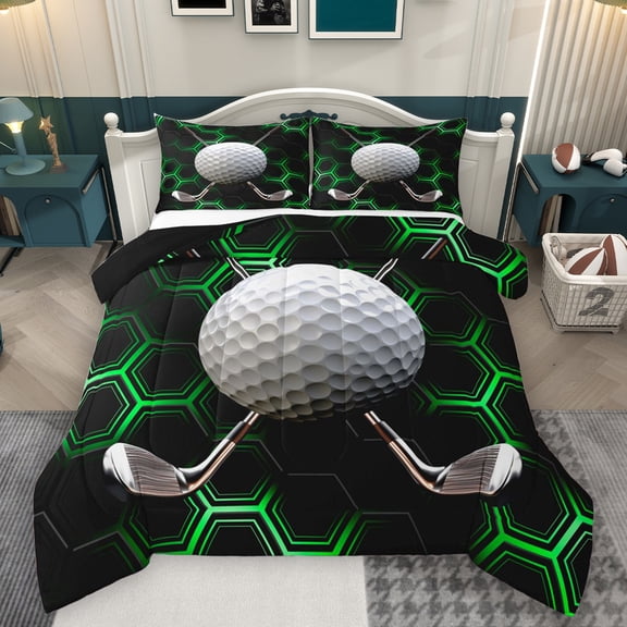 Homewish Golf Ball Pattern Bedding Comforter Set,3D Geometric Honeycomb Twin Comforter Sets,Green Hexagon Bedding Set For Teens,Ultra Soft Home Decor Reversible,2-Piece
