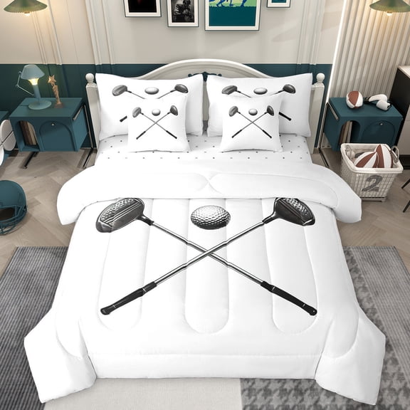 Homewish Golf Club 7-Piece Bedding Comforter Set,Golf Ball Game King Bedding Sets,White Silver Bed Sheets For Boys Kids,Super Cozy Room Decor Reversible