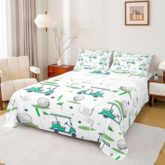 Homewish Golf Gaming Full Size Sheets 4-Piece for Kids Teens Adults,Sport Gamer Breathable Bed Sheets,Green Teal White Lightweight Sheet Sets,Breathable Home Decor