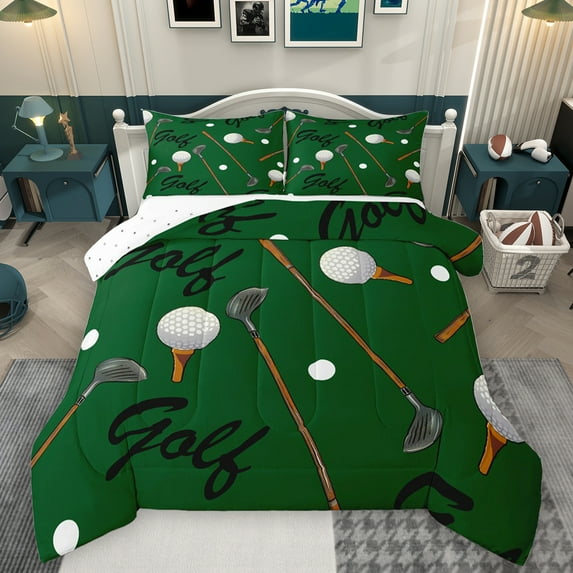 Homewish Golf Sport Game Full Size Comforter Sets,Golf Club Bedding Comforter Set,Green White Brown Bedding Sets For Boys Kids,Luxury Bedroom Decor Reversible,3pcs