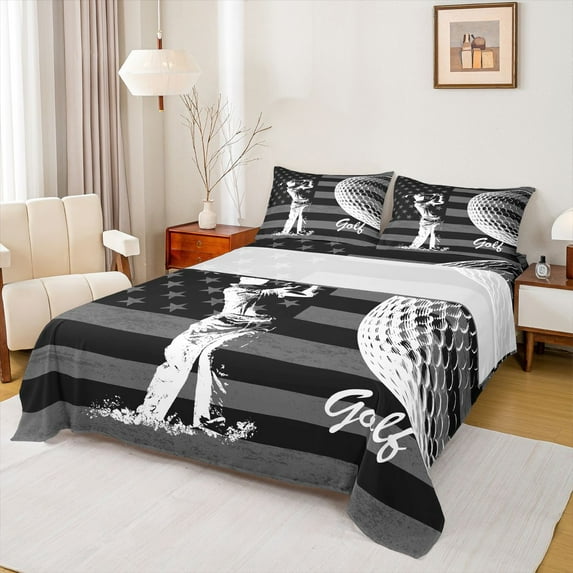 Homewish Golf Sport Player Bed Sheets for Teen, Grey Stripes Stars Flag King Sheets, Modern Ball Game Sheet Set, Ultra Soft Bedroom Decor, 4pcs
