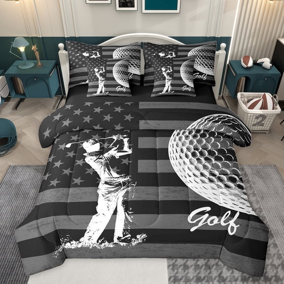 Homewish Golf Sport Player Bedding Comforter Set 7pcs for Teen, Grey Stripes Stars Flag Queen Bedding Sets, Modern Ball Game Reversible Queen Sheet Sets, Ultra Soft Bedroom Decor