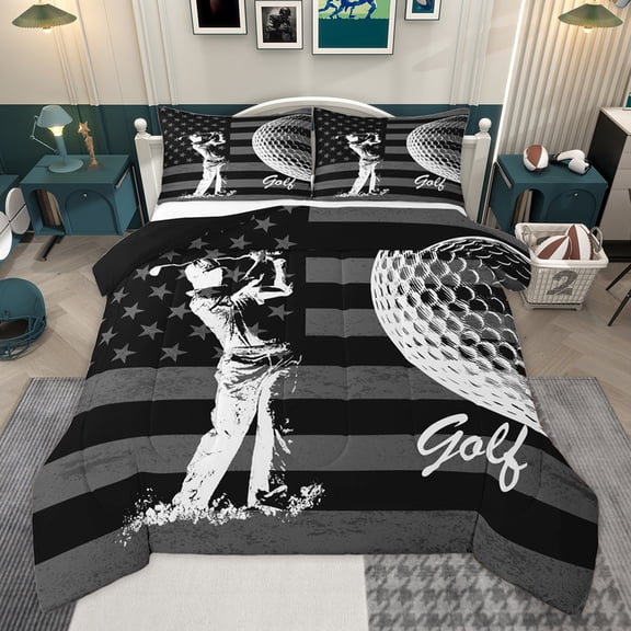 Homewish Golf Sport Player Bedding Comforter Set for Teen, Grey Stripes Stars Flag Twin Comforter Sets, Modern Ball Game Reversible Bedding Set, Ultra Soft Bedroom Decor, 2pcs