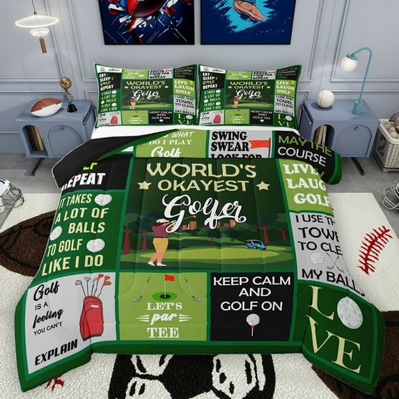 Homewish Golg Ball Lovers Bedding Comforter Set,Sport Theme Twin Comforter Sets,Green Patchwork Plaid Bedding Set For Teens,Breathable Home Decor Reversible,2 Pieces