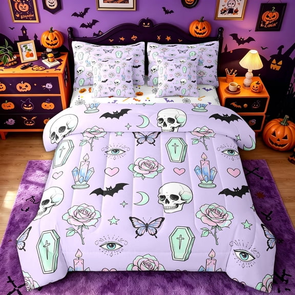 Homewish Goth Coffin Skull Full Size Bedding Sets for Kids, Lavender Rose Butterfly Bat Full Size Bed in a Bag, Halloween Reversible, 7pcs