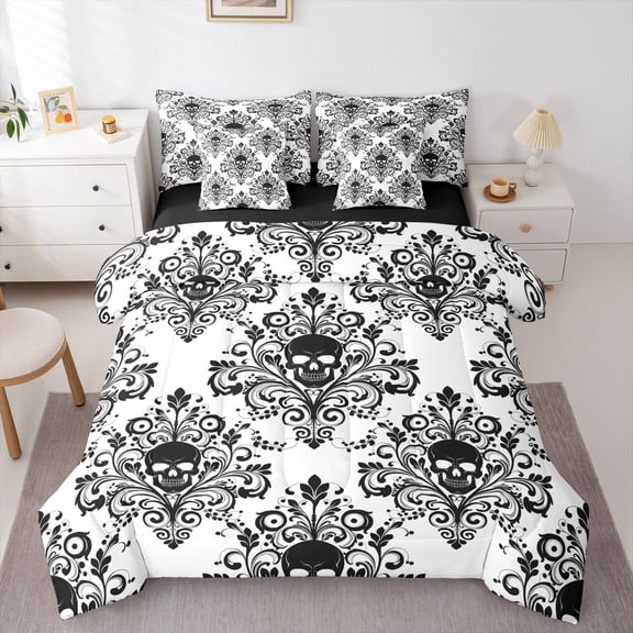 Homewish Goth Halloween Skull 7-Piece Twin Bedding,Victorian Damask Bedding Comforter Set,Black White,Black Reversible