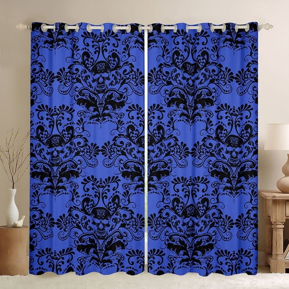 Homewish Goth Halloween Skull Blackout Curtains Set of 2 (52x84 Each),Retro Damask Curtain,Navy