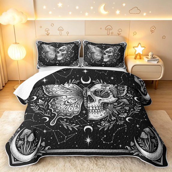 Homewish Goth Halloween Skull Butterfly Twin Quilt Set,Moon Mushroom Twin Coverlet Set,Black Reversible,2pcs