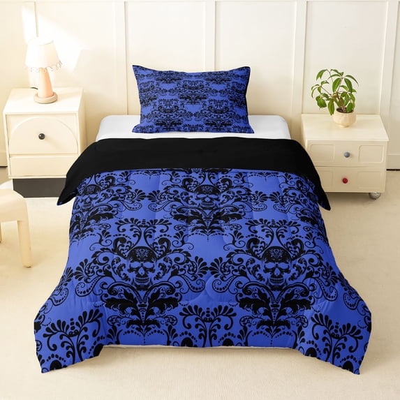 Homewish Goth Halloween Skull Twin Comforter Sets,Retro Damask Bedding Set,Navy,Black Reversible,2 Pieces,1 Comforter and 1 Pillowcase