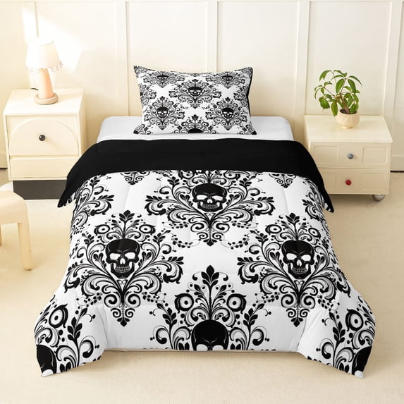 Homewish Goth Halloween Skull Twin Comforter Sets,Victorian Damask Bedding Set,Black White,Black Reversible,2 Pieces,1 Comforter and 1 Pillowcase