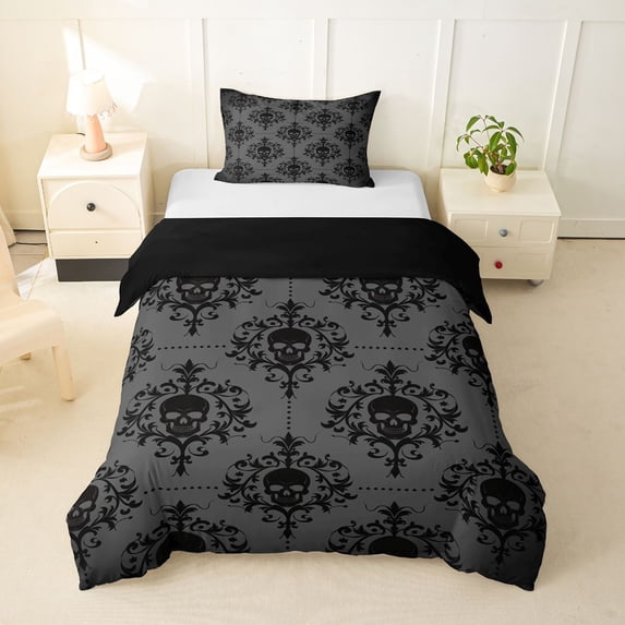 Homewish Goth Halloween Skull Twin Duvet Cover,Bohemian Damask Twin Bedding,Gray Black,Black Reversible,2 Pieces,1 Duvet Cover and 1 Pillowcase