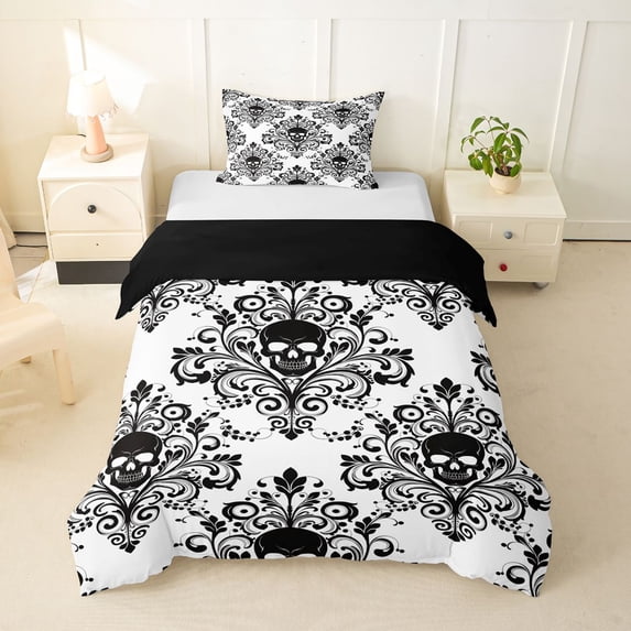 Homewish Goth Halloween Skull Twin Duvet Cover,Victorian Damask Twin Bedding,Black White,Black Reversible,2 Pieces,1 Duvet Cover and 1 Pillowcase