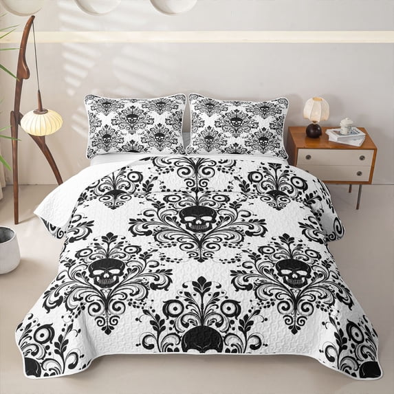 Homewish Goth Halloween Skull Twin Quilt Set,Victorian Damask Twin Coverlet Set,Black White,2-Piece