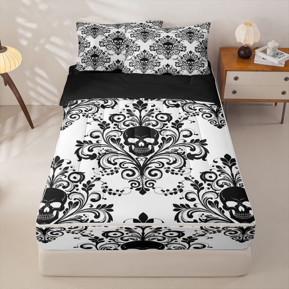 Homewish Goth Halloween Skull Zipper Twin Comforter Sets with Fitted Sheet and 2 Pillowcases,Victorian Damask Zipper Bedding Set,Black White,Black Reversible,4pcs