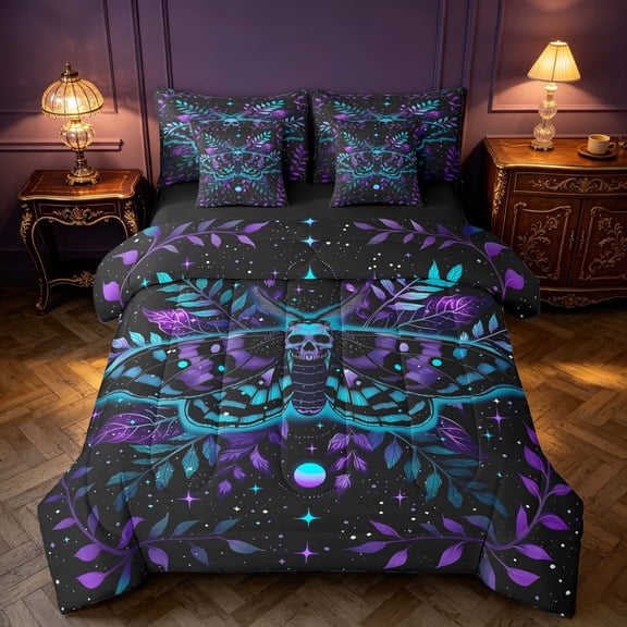 Homewish Goth Moth Full Size Bedding Sets, Glitter Stars Galaxy Full Size Bed in a Bag, Black Reversible 7 Pieces