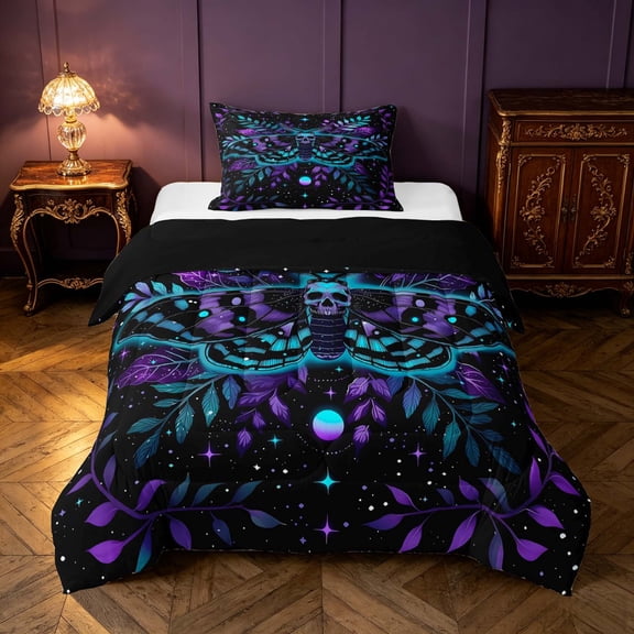 Homewish Goth Moth Twin Comforter Sets, Glitter Stars Galaxy Bedding Set, Black Reversible 2pcs, 1 Comforter and 1 Pillowcase