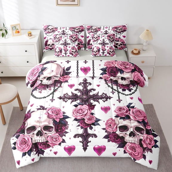 Homewish Goth Skull 7-Piece Twin Bedding For Girls,Pink Rose Cross Bedding Comforter Set,Halloween Bed Set,Light Gray Reversible