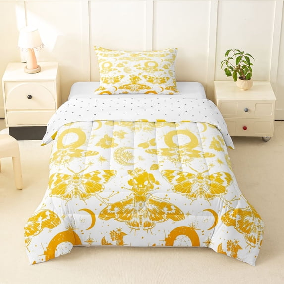 Homewish Goth Skull Moth Twin Comforter Sets,Moon Floral Bedding Set,Yellow,Halloween Duvet,Reversible,2pcs,1 Comforter and 1 Pillowcase