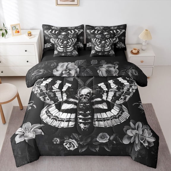 Homewish Goth Skull Moths 7 Pieces Full Size Bedding Sets,Vintage Flowers Full Size Bed in a Bag,Black Gray,Halloween Bed Set,Black Reversible