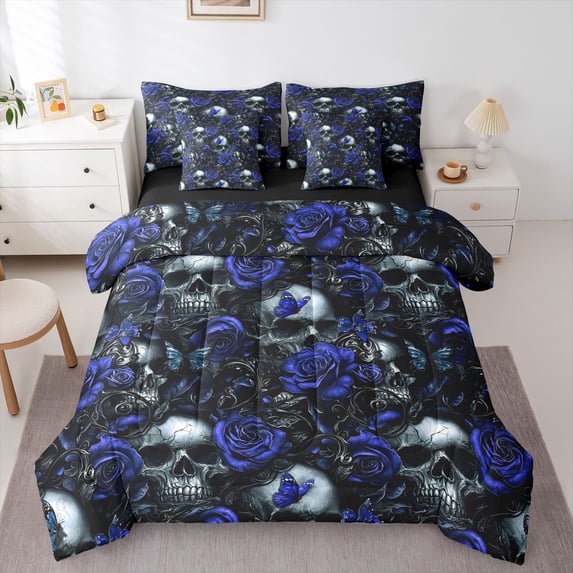 Homewish Goth Skull Skeleton 7-Piece King Bedding,Happy Halloween King Bed in a Bag,Navy Rose Bed Set,Black Reversible