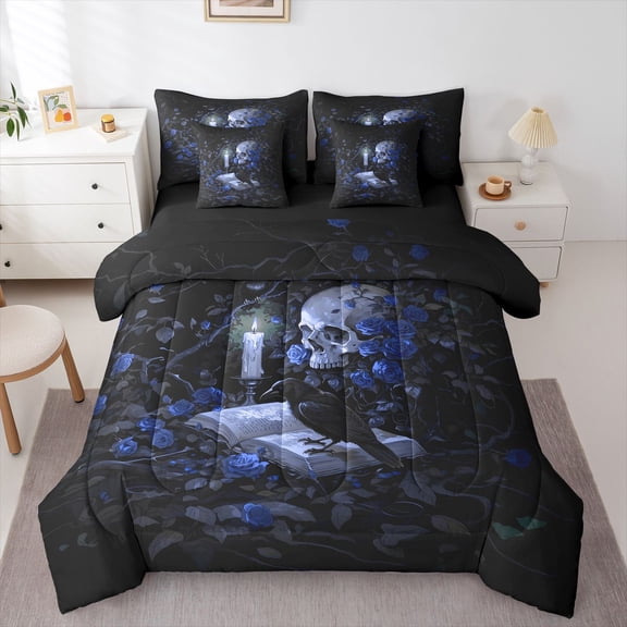Homewish Goth Skull Skeleton 7-Piece Twin Bedding,Halloween Bedding Comforter Set,Romantic Navy Floral Bed Set,Black Reversible