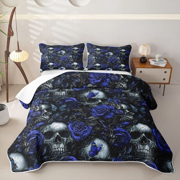 Homewish Goth Skull Skeleton Quilt King,Happy Halloween King Coverlet Set,Navy Rose Duvet,3 Pieces