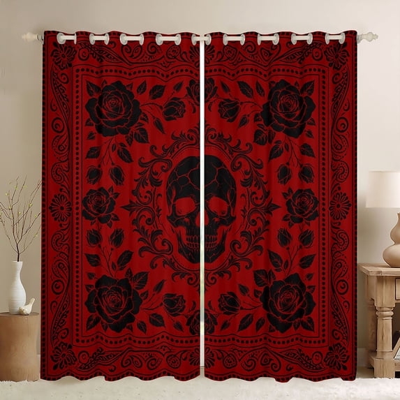 Homewish Goth Sugar Skull Blackout Curtains,Baroque Damask Flowers Curtains Pack of 2 (42x84 Each),Halloween Living Room Curtains