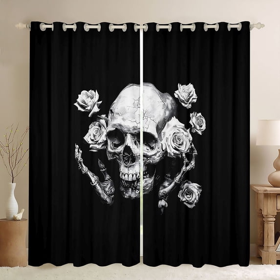 Homewish Goth Sugar Skull Blackout Curtains,Romantic Rose Floral Curtains Pack of 2 (42x84 Each),Halloween Living Room Curtains