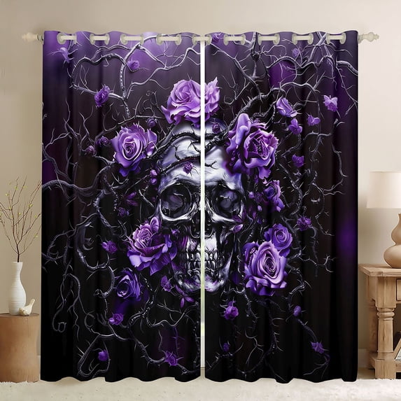 Homewish Goth Sugar Skull Kitchen Curtains,Purple Romantic Rose Black Out Curtains Pack of 2 (42x63 Each),Halloween Living Room Curtains
