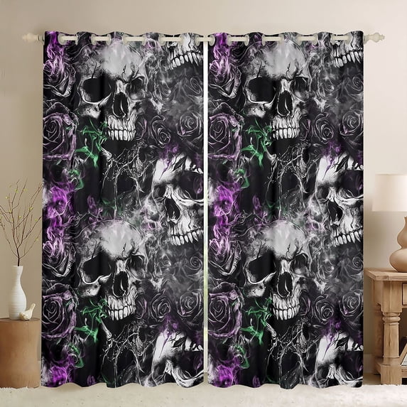 Homewish Goth Sugar Skull Kitchen Curtains,Spooky Halloween Black Out Curtains Pack of 2 (42x63 Each),Rose Flower Living Room Curtains