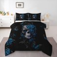 thumbnail image 1 of Homewish Goth Sugar Skull Queen Comforter Set,Blue Rose Floral Comforter Sets Queen,Happy Halloween Duvet,Black Reversible,3 Pieces,1 Comforter and 2 Pillowcases, 1 of 7