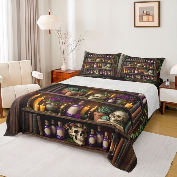 Homewish Goth Sugar Skull Queen Sheets,Retro Bookshelf Queen Sheet Sets,Halloween Bed Set,4pcs,1 Flat Sheet, 1 Fitted Sheet and 2 Pillowcases