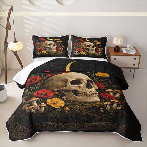Homewish Goth Sugar Skull Quilt Full,Floral Moon Full Bedspread Sets,Red Yellow,Halloween Duvet,3pcs